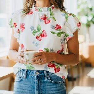 Strawberry Print Ruffle Sleeve Top